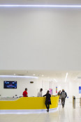 The Glass Mill Leisure Centre is situated on the lowest three floors of a 27 storey apartment building in Lewisham. The leisure centre includes 1400 glass panels in ten colours illuminated from behind. The lighting responds to the sounds outside of the centre. The new facility was designed by LA Architects and is managed by Fusion Lifestyle on behalf of Lewisham Council. The contractor for the project was Pellikaan, with additional work coming from Barratt Homes. The new centre features a 100-station fitness suite, a 25m, 8-lane swimming pool, a teaching pool, two group exercise studios, a rock climbing wall, a crèche, café and health suite, which includes a sauna, steam room, ice room and a relaxation area.